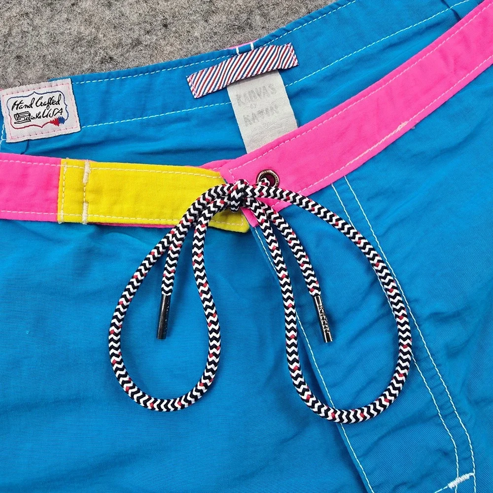 Katin Mens Board Shorts Size 32 Blue Pink Nylon Surf Trunks Made in USA Snap Fly